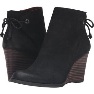 Lucky Brand Yamina Ankle Bootie Black Leather Wedge Heel Women Size 8.5 Side Zip